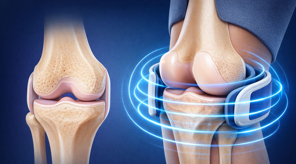 Magnetoterapia per artrosi al ginocchio — illustrazione anatomica con solenoide terapeutico